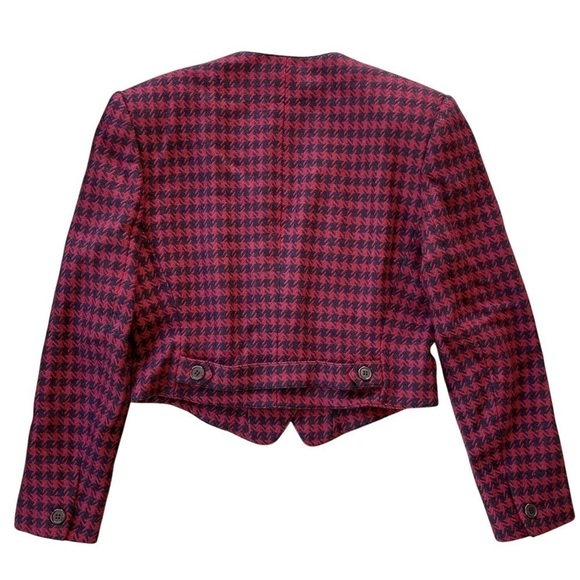Vtg Anne Klein II Wool Cashmere Houndstooth Cropped Jacket Red Black Size 8 - Picture 2 of 9